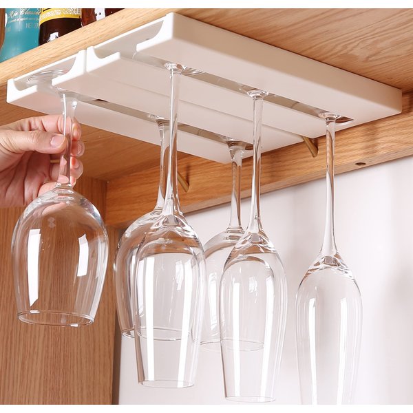 runruii Wine Glass Holder Under Shelf Cabinet Wine Glass Rack Plastic Stemware Rack Glassware Drying Storage Hanger for Kitchen,Bar and Restaurant (White-2Pack)