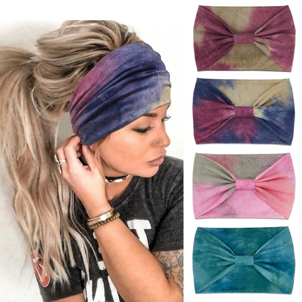 YONUF Wide Headbands For Women Knotted Headband African Women’s Head Wraps Stretchy Turban Hair Accessories Bands Tie Dye 4 Pack