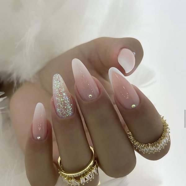 Generic Nude Pink Press on Nails Almond Fake Nails Full Cover Simple Gradient White Nails Tips Long French Tip False Nails Glossy Acrylic Glue on Nails for Daily Wear Nails Manicure Decoration 24Pcs