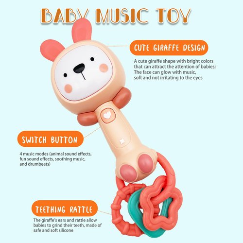 WHNKFB Baby Musical Rattles 0-6-12 Months, Baby Teething Toys with Music and Light, Infant Educational Learning Toys, Teethers for Newborn Baby Boy Girl Gifts (Rabbit)